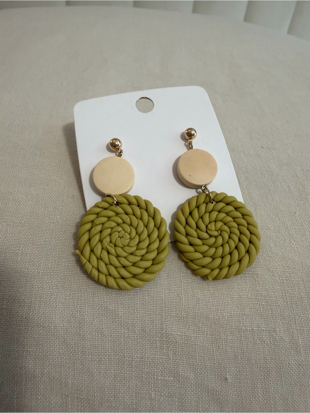 Olive Green Polymer Woven Clay Disc Drop Earrings
